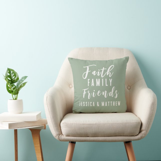 Custom Earth Tone Sage Faith Family Friends Couple Throw Pillow (Chair)