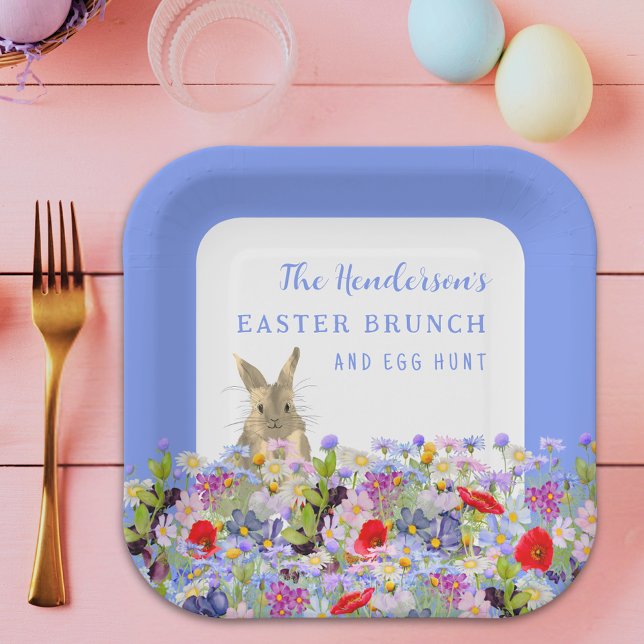 Custom Easter Brunch Egg Hunt Bunny Wildflower Paper Plates (Personalized easter egg hunt spring brunch cute bunny wildflower meadow blue party paper plates)