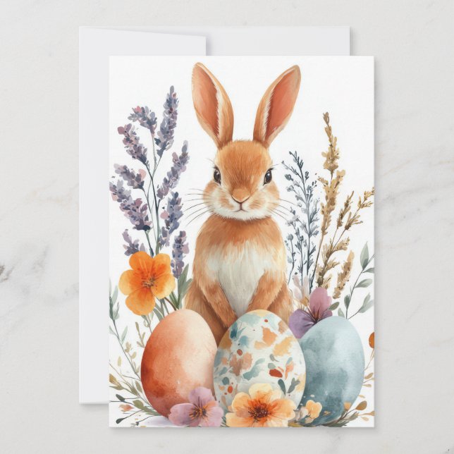 Custom Easter Card with Easter Bunny and Flowers (Front)