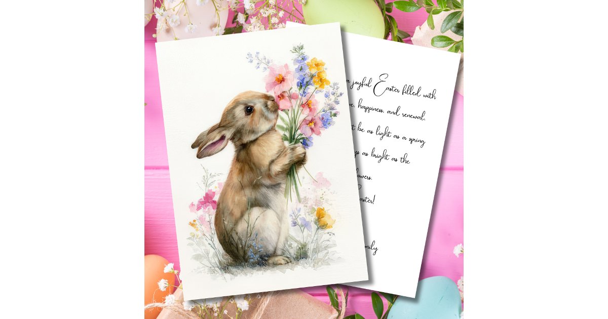 Custom Easter Card with Flowers and Easter Bunny | Zazzle