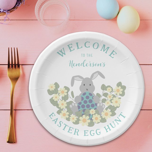 Custom Easter Egg Hunt Brunch Cute Bunny Floral Paper Plates (Personalized easter egg hunt spring brunch cute bunny daisy floral paper plate)