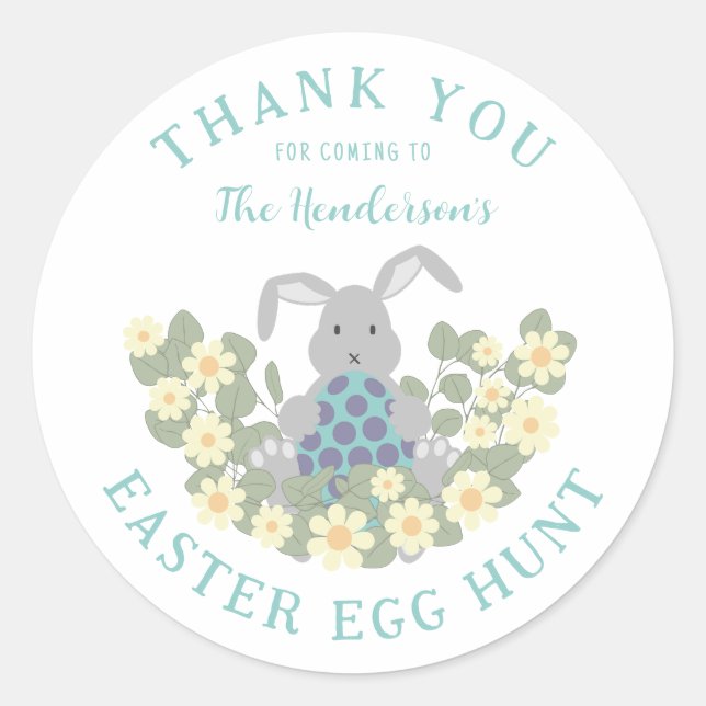 Custom Easter Egg Hunt Bunny Floral Thank You Classic Round Sticker (Front)