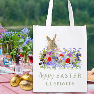 Custom Easter Egg Hunt Cute Bunny Floral Budget Grocery Bag