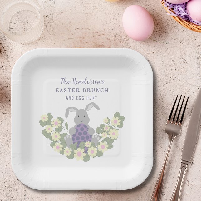 Custom Easter Egg Hunt Cute Bunny Spring Floral Paper Plates (Personalized easter egg hunt cute bunny floral spring party paper plate)