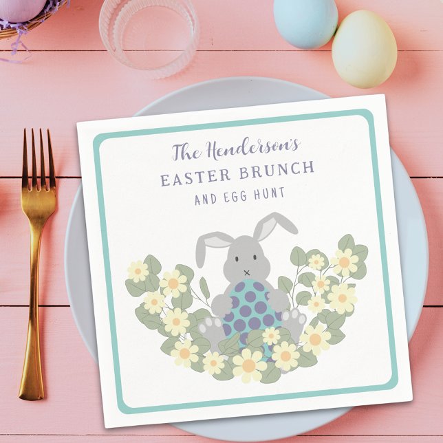 Custom Easter Egg Hunt Spring Brunch Bunny Floral Napkins (Personalized easter egg hunt spring brunch cute bunny floral teal party napkin)