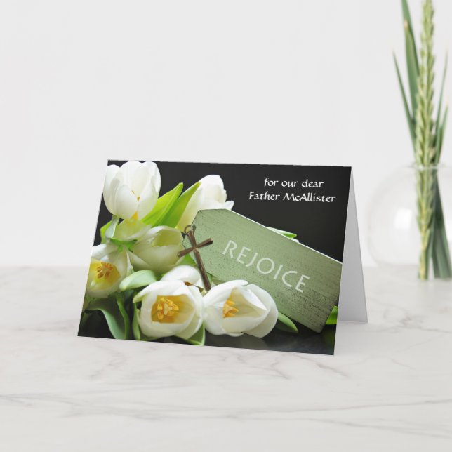 Custom Easter for a Priest White Tulips and Cross Holiday Card (Front)