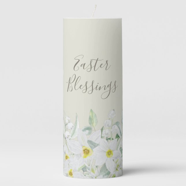 Custom Easter Message White Floral Border Pillar Candle (Front)