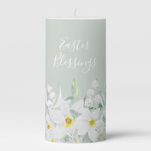 Custom Easter Message White Floral Border Pillar Candle