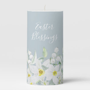 Custom Easter Message White Floral Border Pillar Candle