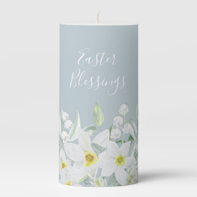 Custom Easter Message White Floral Border Pillar Candle (Front)