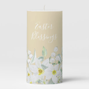 Custom Easter Message White Floral Border Pillar Candle