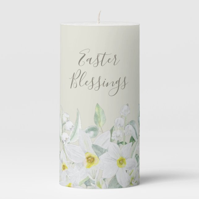 Custom Easter Message White Floral Border Pillar Candle (Front)