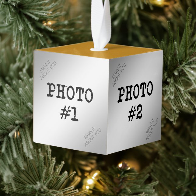 Custom Easy Upload 4 Photos Gold Cube Ornament (Tree)