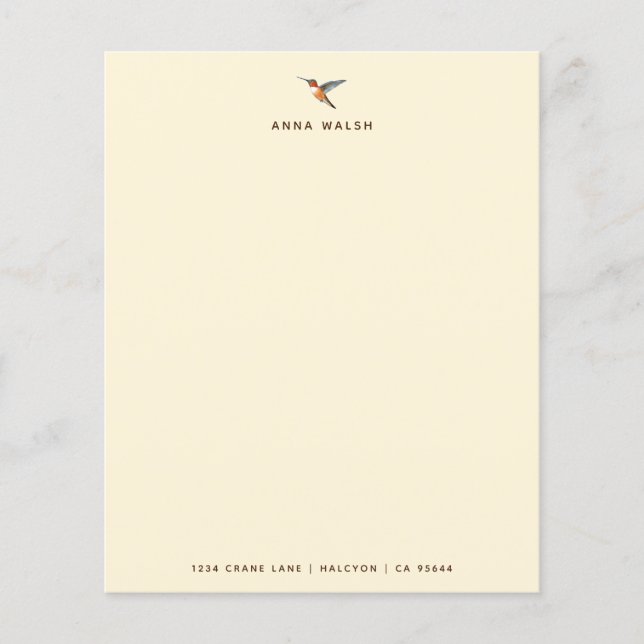 Custom Ecru Hummingbird Stationery Paper (Front)