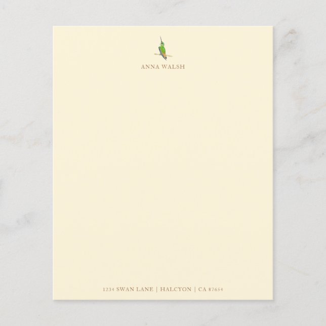 Custom Ecru Hummingbird Stationery Paper (Front)