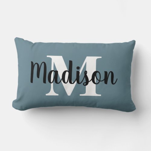 Custom Editable Color Monogram Name Blue White Lumbar Pillow