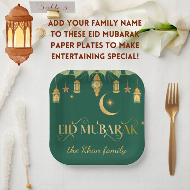 Custom "Eid Mubarak" Green Gold Lanterns + Moon Paper Plates (Make Eid extra special with these festive, elegant green + gold "Eid Mubarak" family name plates!)