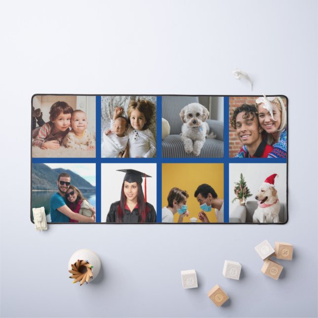 Custom Eight Photo Blue Border Personalized Desk Mat (Kids Table)