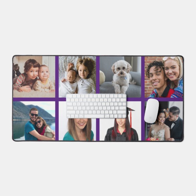 Custom Eight Photo Deep Purple Border Personalized Desk Mat (Keyboard & Mouse)