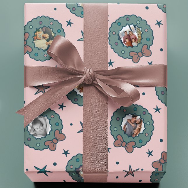 Custom Eight Photo Pink Christmas Wrapping Paper (Creator Uploaded)