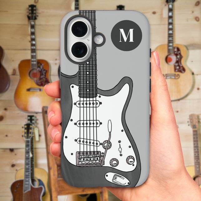 Custom Electric Guitar Gray Black White Monogram Case-Mate iPhone Case (Personalized electric guitar monogram black white gray iPhone case gift for guitarist musicians )