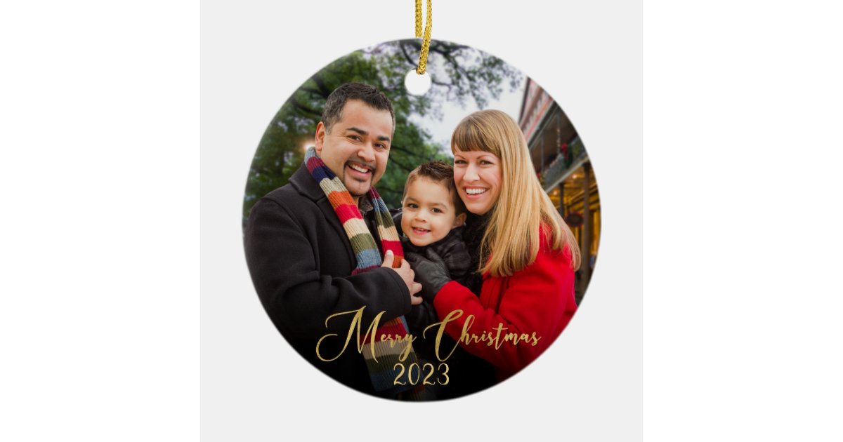 Custom Elegant 2-Sided Family Photo Christmas Ceramic Ornament | Zazzle