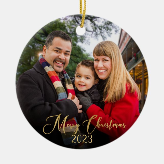 Custom Elegant  2-Sided Family Photo Christmas Ceramic Ornament (Front)