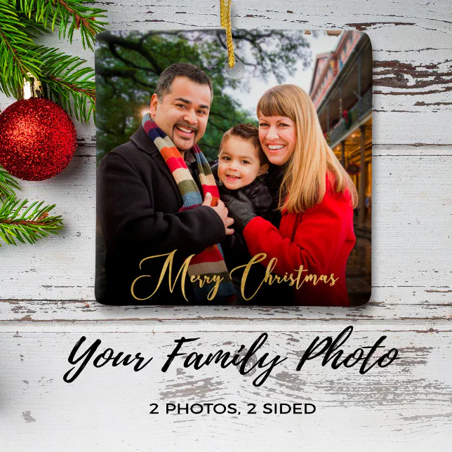 Custom Elegant 2-Sided Family Photo Christmas Ceramic Ornament | Zazzle