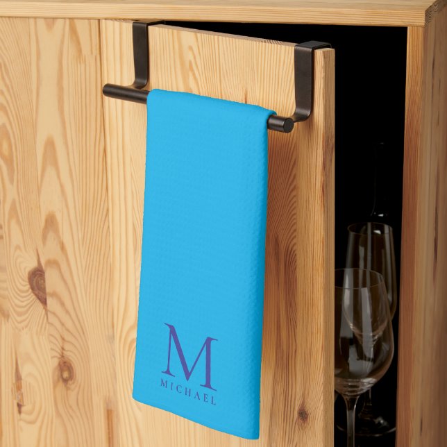 Custom Elegant Azure Blue Monogram Simple Template Kitchen Towel (Thirds Fold)