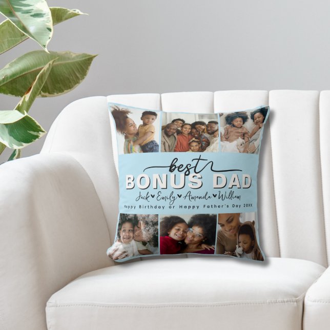 Custom Elegant Best Bonus Dad Photo collage Throw Pillow (Creator Uploaded)