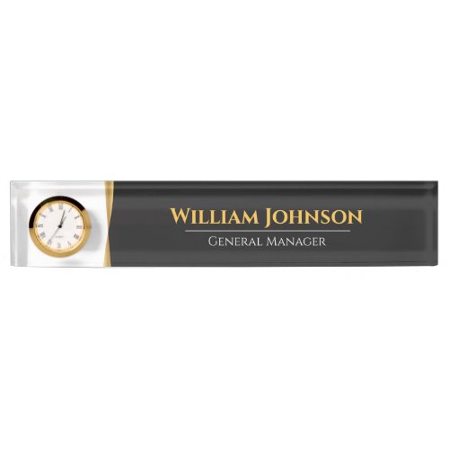 Custom Elegant Black and Gold Desk Clock Nameplate