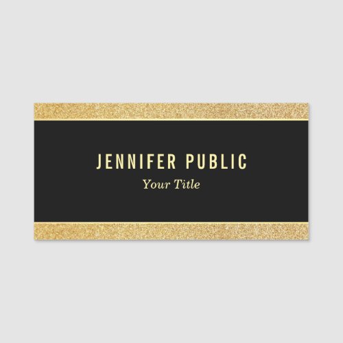 Custom Elegant Black And Gold Glitter Template Name Tag