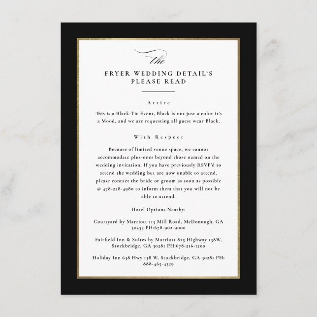 Custom Elegant Black and Gold Wedding Details Enclosure Card (Front)