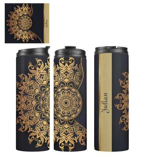 Custom Elegant Black Faux Gold Mandala   Thermal Tumbler