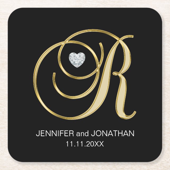 Custom Elegant Black Gold Monogram Letter Wedding Square Paper Coaster (Front)