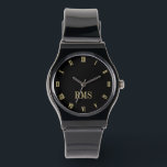 Custom Elegant Black Gold Monogram Silicone Strap Watch<br><div class="desc">Create your own custom, personalized, elegant trendy cool unique classy faux gold and black hours, monogrammed, ladies and mens unisex, stylish, black silicone strap watch. Simply type in your name / monogram / initials, to customize. Makes a great gift, for birthday, graduation, fathers day, mothers day, christmas, holidays, wedding, marriage...</div>