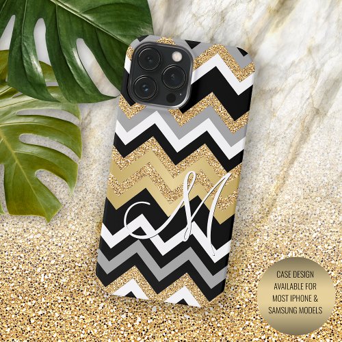 Custom Elegant Black Gold Silver Zigzag Pattern Case_Mate iPhone 14 Pro Max Case