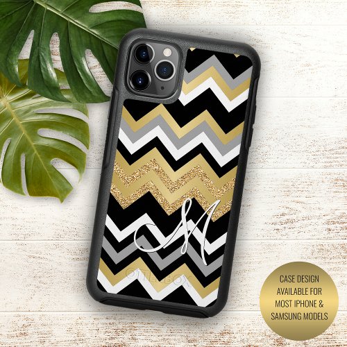 Custom Elegant Black Gold Silver Zigzag Pattern iPhone 13 Case