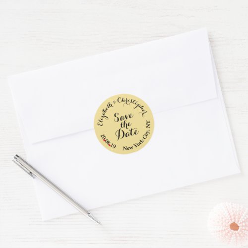 Custom Elegant Black Gold Wedding Save the Date Classic Round Sticker