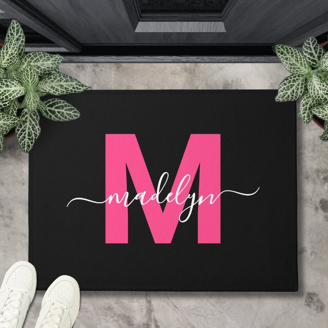 Custom Elegant Black Hot Pink Monogram Script Name Doormat (Custom Elegant Black Hot Pink Monogram Script Name Doormat )