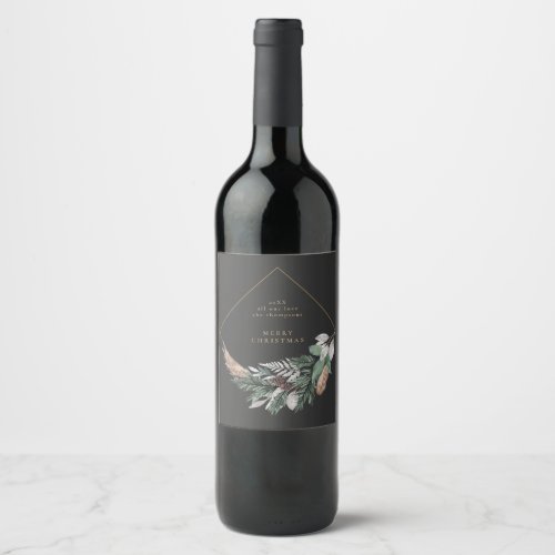 Custom Elegant Black Merry Christmas Wreath  Wine Label