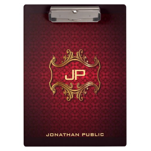 Custom Elegant Black Red Damask Monogram Classic Clipboard