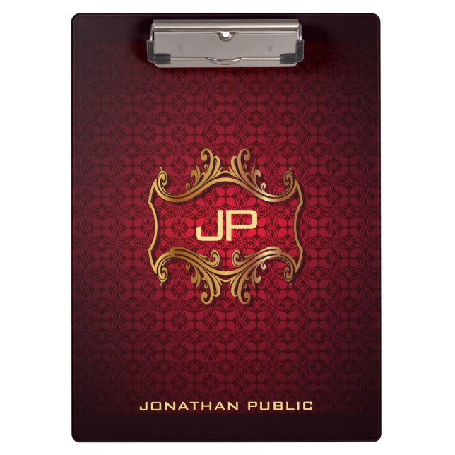 Custom Elegant Black Red Damask Monogram Classic Clipboard (Front)