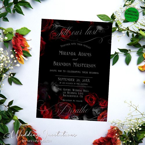 Custom Elegant Black Red Floral Wedding Invitation