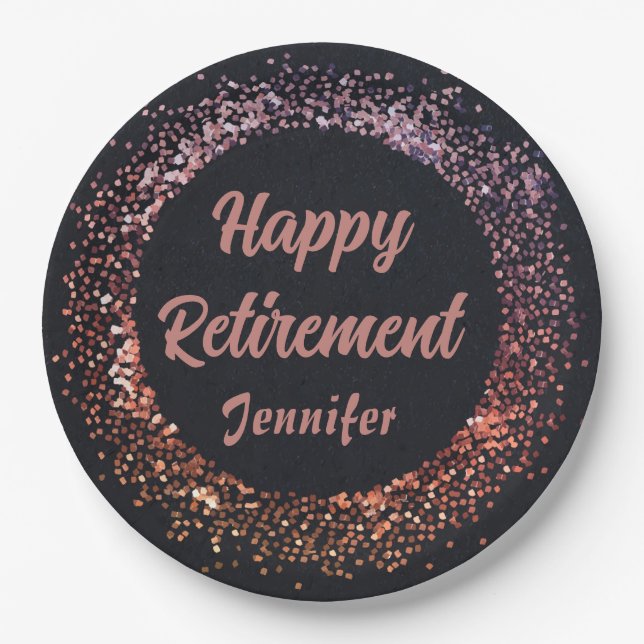 Custom Elegant Black Rose Gold Happy Retirement  Paper Plates (Front)