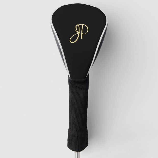 Custom Elegant Black Template Gold Monogram Golf Head Cover (Front)