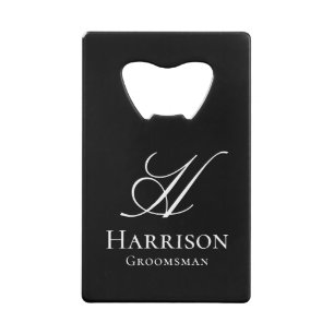 Custom Elegant Black White Monogram Name Groomsman Credit Card Bottle Opener