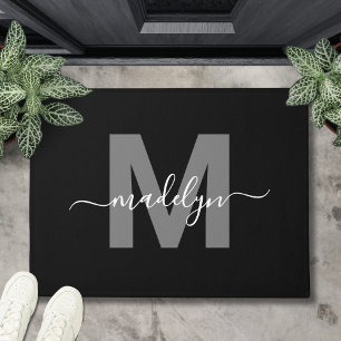 Custom Elegant Black White Monogram Script Name Doormat
