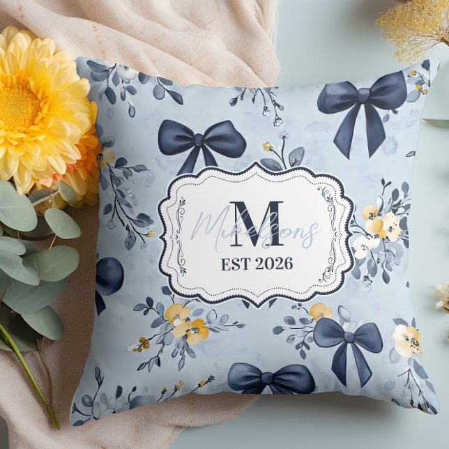 Custom Elegant Blue Bow Floral Monogram Throw Pillow (Creator Uploaded)