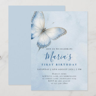 Custom Elegant Blue Butterfly Watercolor Birthday Invitation